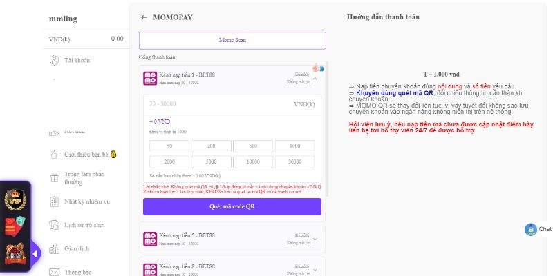 Cách nạp tiền bet88 qua momo