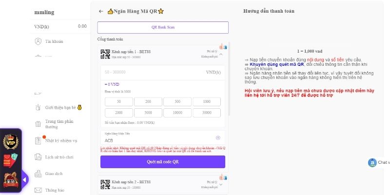 Nạp tiền bett88 qua ngân hàng chính chủ